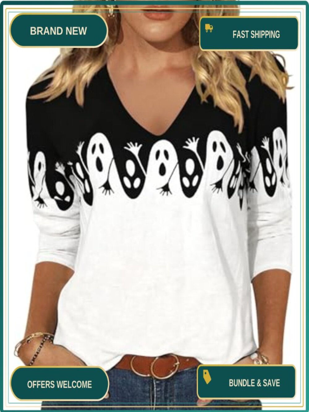 Women's 3/4 Sleeve V Neck Halloween Graphic Tee Funny Doodles Spooky Season